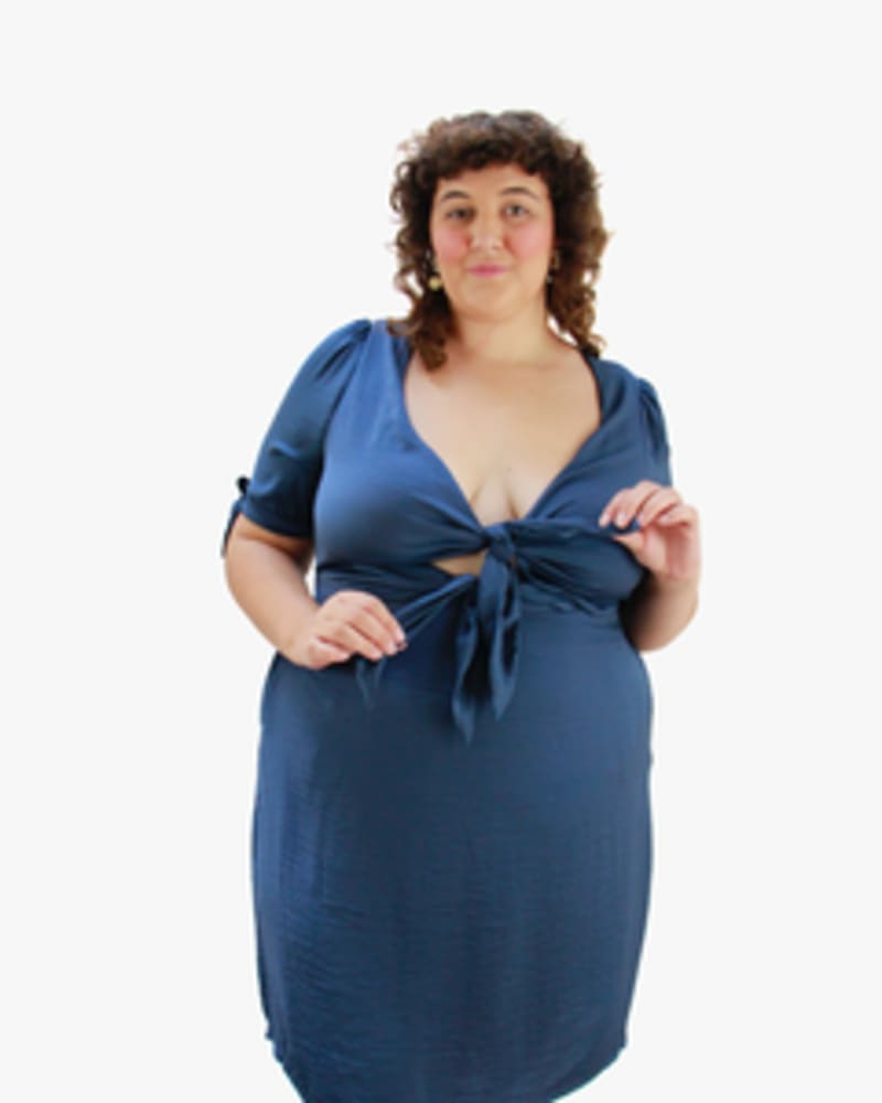 Front of a model wearing a size LARGE All Tied Up Dress in MUTED BLUE by Lovefool. | dia_product_style_image_id:249716